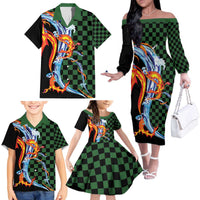 Japanese Asanoha Pattern Family Matching Off The Shoulder Long Sleeve Dress and Hawaiian Shirt Sun Flame Slayer Dragon Hinokami Kagura Spirit LT9 - Polynesian Pride