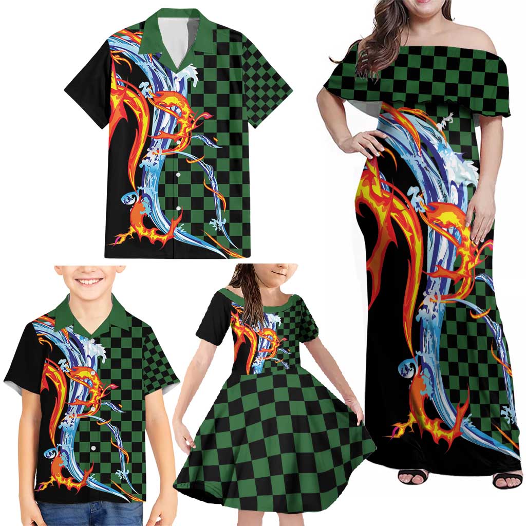 Japanese Asanoha Pattern Family Matching Off Shoulder Maxi Dress and Hawaiian Shirt Sun Flame Slayer Dragon Hinokami Kagura Spirit LT9 - Polynesian Pride