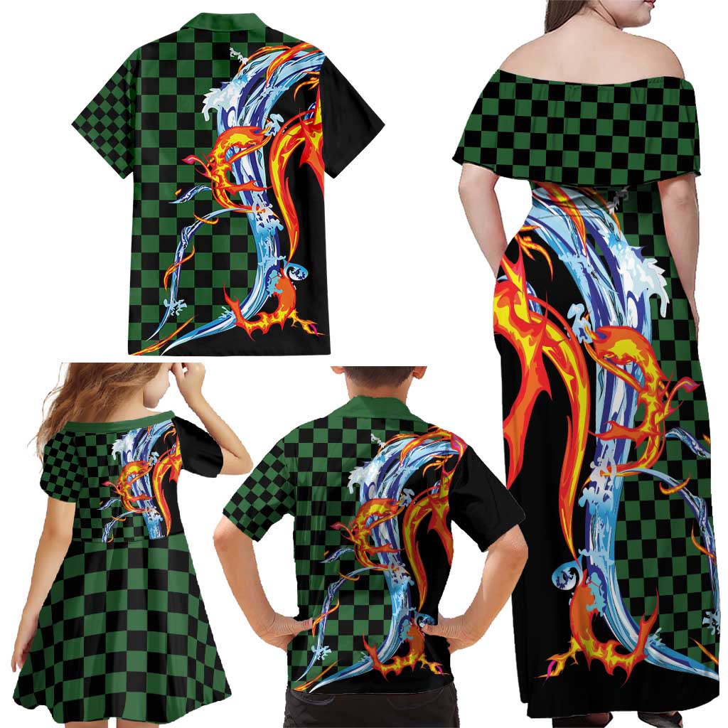 Japanese Asanoha Pattern Family Matching Off Shoulder Maxi Dress and Hawaiian Shirt Sun Flame Slayer Dragon Hinokami Kagura Spirit LT9 - Polynesian Pride