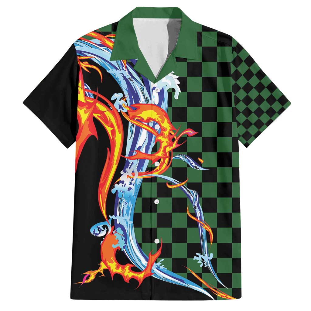 Japanese Asanoha Pattern Family Matching Off Shoulder Maxi Dress and Hawaiian Shirt Sun Flame Slayer Dragon Hinokami Kagura Spirit LT9 Dad's Shirt - Short Sleeve Green - Polynesian Pride