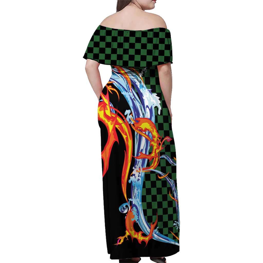 Japanese Asanoha Pattern Family Matching Off Shoulder Maxi Dress and Hawaiian Shirt Sun Flame Slayer Dragon Hinokami Kagura Spirit LT9 - Polynesian Pride