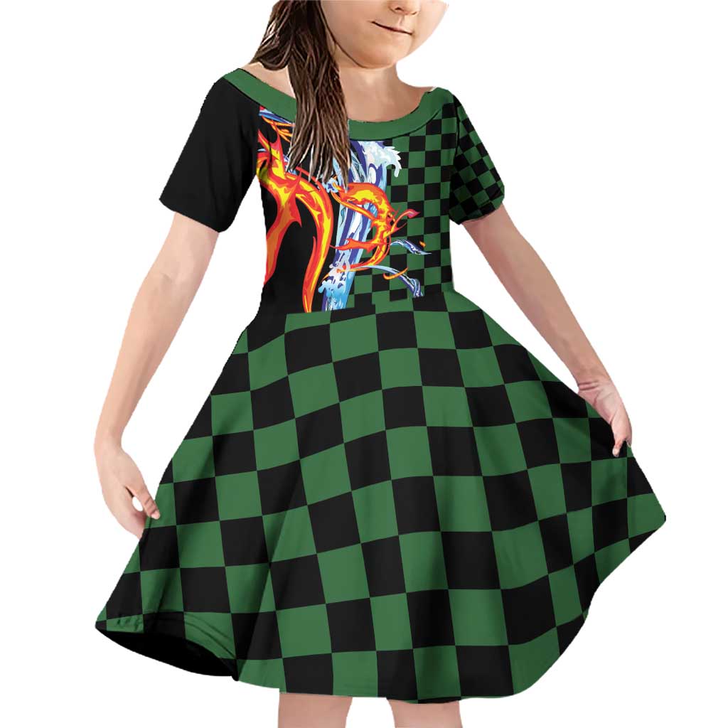 Japanese Asanoha Pattern Family Matching Off Shoulder Short Dress and Hawaiian Shirt Sun Flame Slayer Dragon Hinokami Kagura Spirit LT9 Daughter's Dress Green - Polynesian Pride