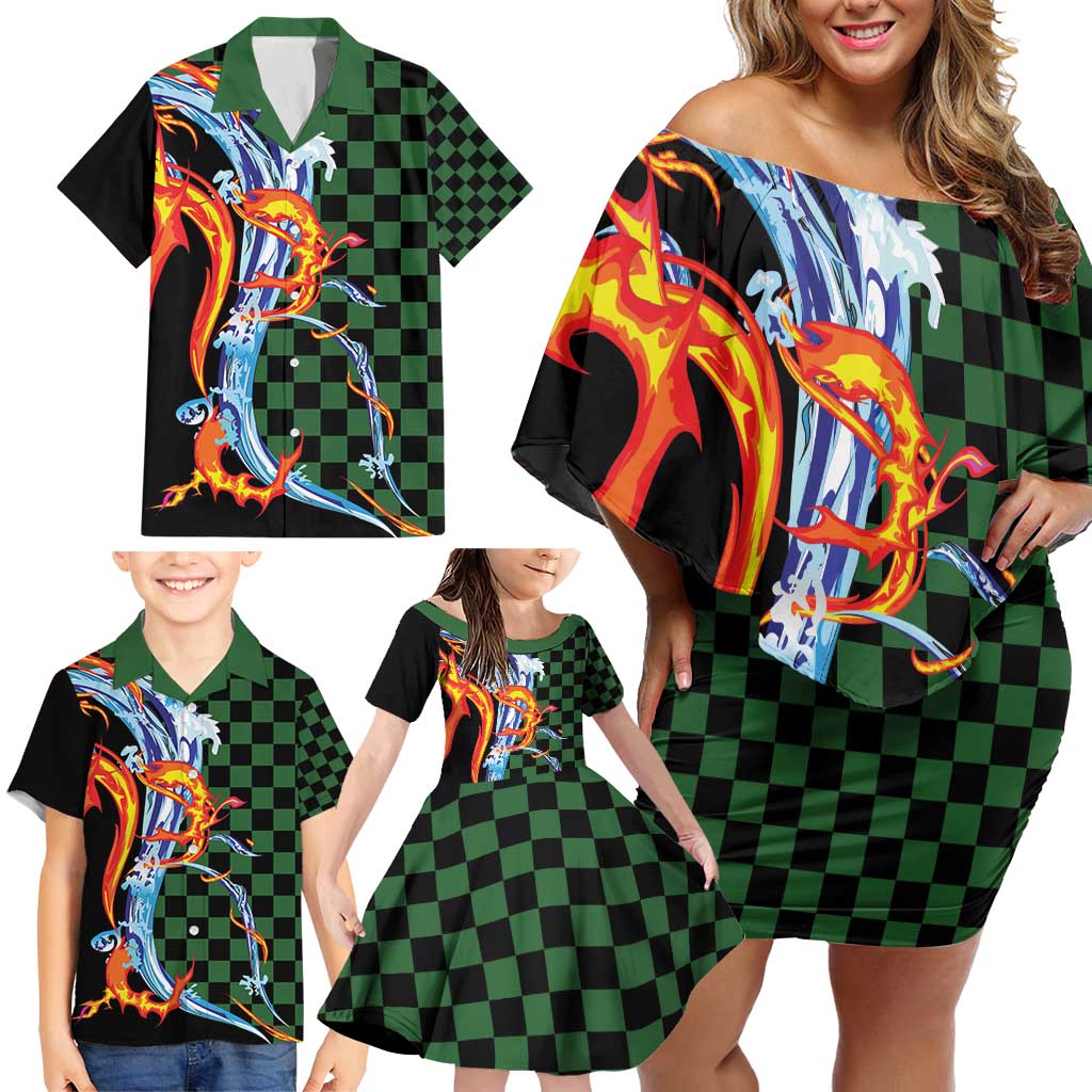 Japanese Asanoha Pattern Family Matching Off Shoulder Short Dress and Hawaiian Shirt Sun Flame Slayer Dragon Hinokami Kagura Spirit LT9 - Polynesian Pride