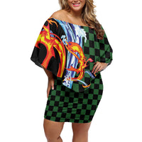 Japanese Asanoha Pattern Family Matching Off Shoulder Short Dress and Hawaiian Shirt Sun Flame Slayer Dragon Hinokami Kagura Spirit LT9 Mom's Dress Green - Polynesian Pride