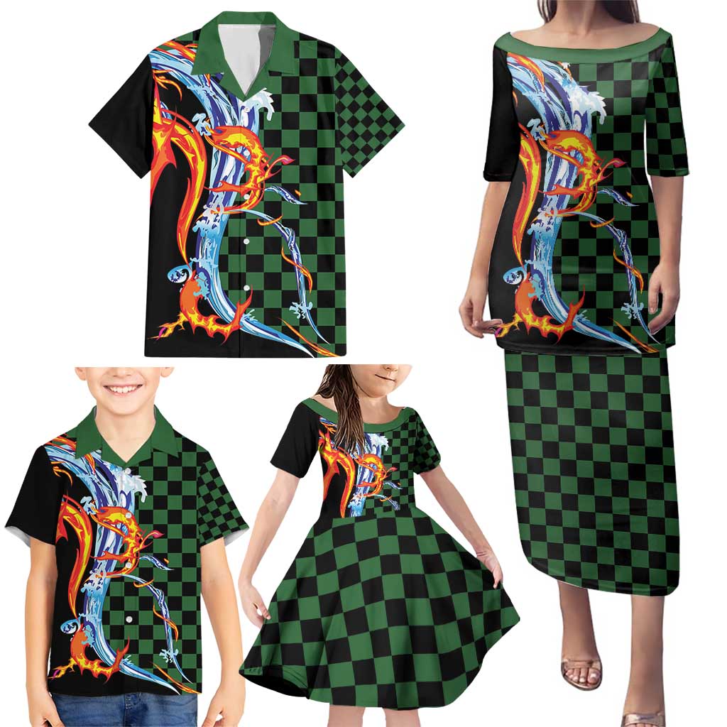 Japanese Asanoha Pattern Family Matching Puletasi and Hawaiian Shirt Sun Flame Slayer Dragon Hinokami Kagura Spirit LT9 - Polynesian Pride