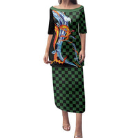 Japanese Asanoha Pattern Family Matching Puletasi and Hawaiian Shirt Sun Flame Slayer Dragon Hinokami Kagura Spirit LT9 Mom's Dress Green - Polynesian Pride