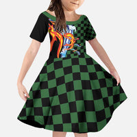 Japanese Asanoha Pattern Family Matching Short Sleeve Bodycon Dress and Hawaiian Shirt Sun Flame Slayer Dragon Hinokami Kagura Spirit LT9 Daughter's Dress Green - Polynesian Pride