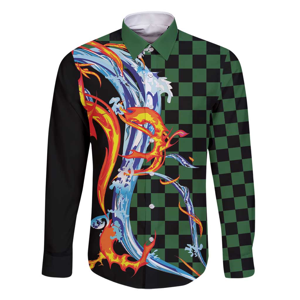 Japanese Asanoha Pattern Family Matching Short Sleeve Bodycon Dress and Hawaiian Shirt Sun Flame Slayer Dragon Hinokami Kagura Spirit LT9 Dad's Shirt - Long Sleeve Green - Polynesian Pride