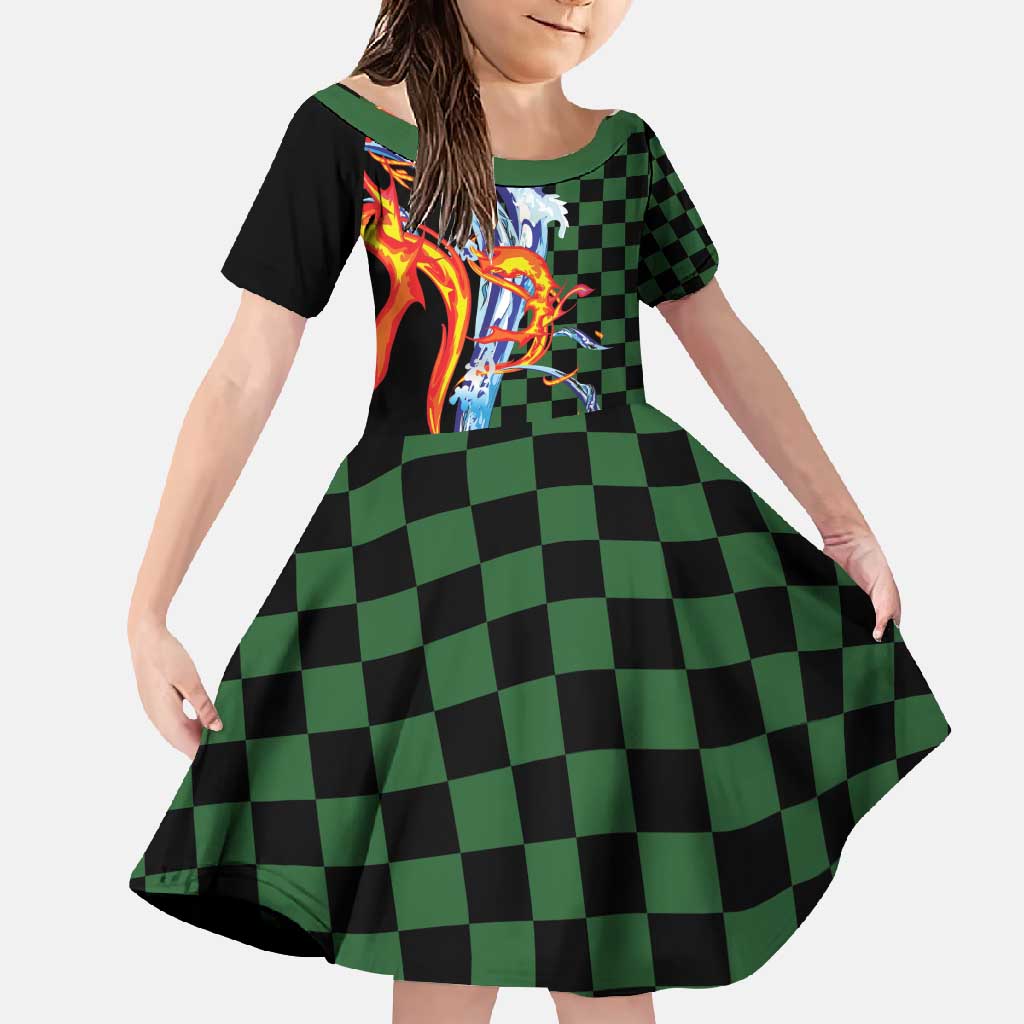 Japanese Asanoha Pattern Family Matching Summer Maxi Dress and Hawaiian Shirt Sun Flame Slayer Dragon Hinokami Kagura Spirit LT9 Daughter's Dress Green - Polynesian Pride