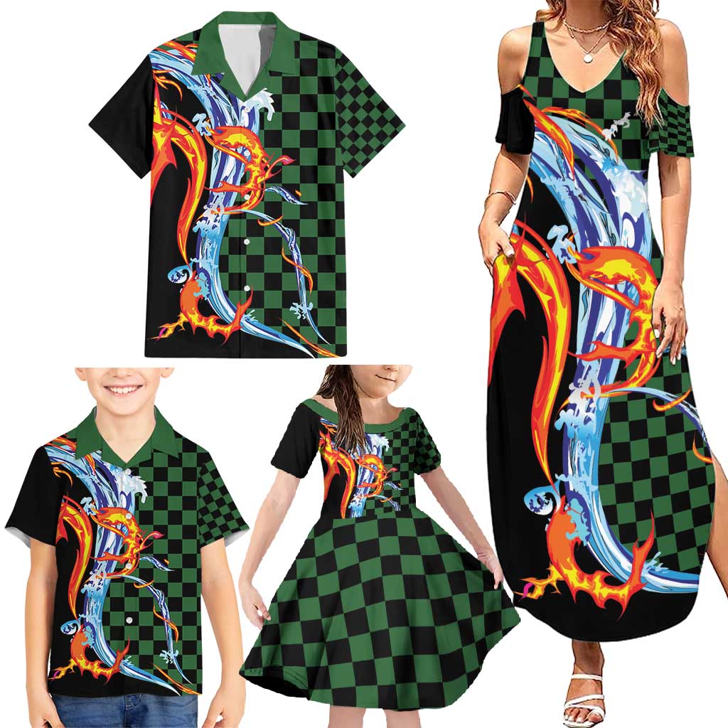 Japanese Asanoha Pattern Family Matching Summer Maxi Dress and Hawaiian Shirt Sun Flame Slayer Dragon Hinokami Kagura Spirit LT9 - Polynesian Pride