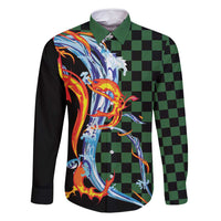 Japanese Asanoha Pattern Family Matching Summer Maxi Dress and Hawaiian Shirt Sun Flame Slayer Dragon Hinokami Kagura Spirit LT9 Dad's Shirt - Long Sleeve Green - Polynesian Pride