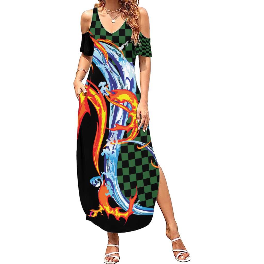 Japanese Asanoha Pattern Family Matching Summer Maxi Dress and Hawaiian Shirt Sun Flame Slayer Dragon Hinokami Kagura Spirit LT9 Mom's Dress Green - Polynesian Pride
