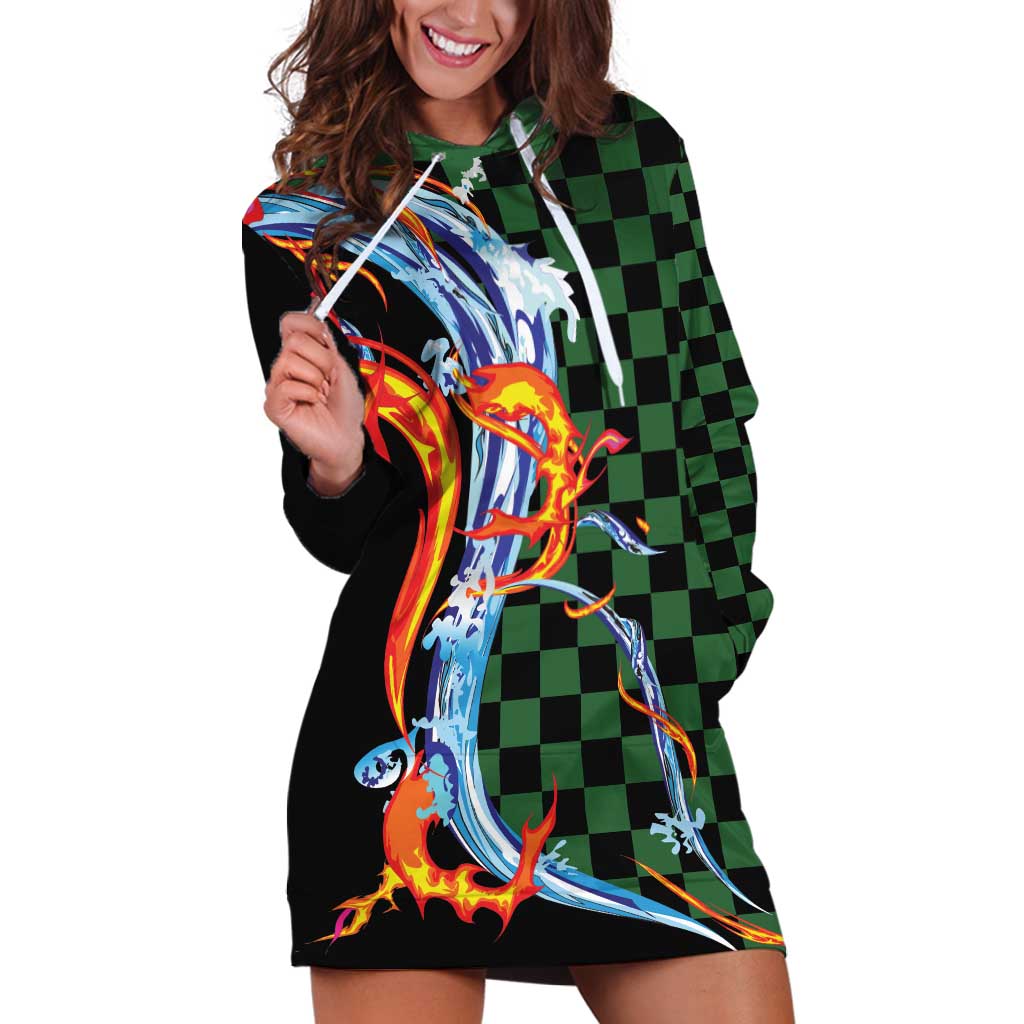 Japanese Asanoha Pattern Hoodie Dress Sun Flame Slayer Dragon Hinokami Kagura Spirit LT9 Green - Polynesian Pride
