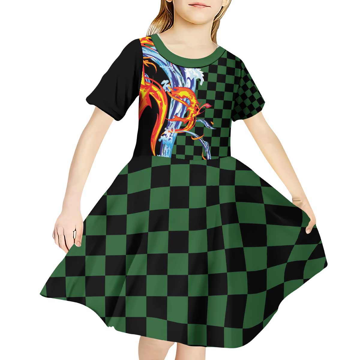 Japanese Asanoha Pattern Kid Short Sleeve Dress Sun Flame Slayer Dragon Hinokami Kagura Spirit - Polynesian Pride