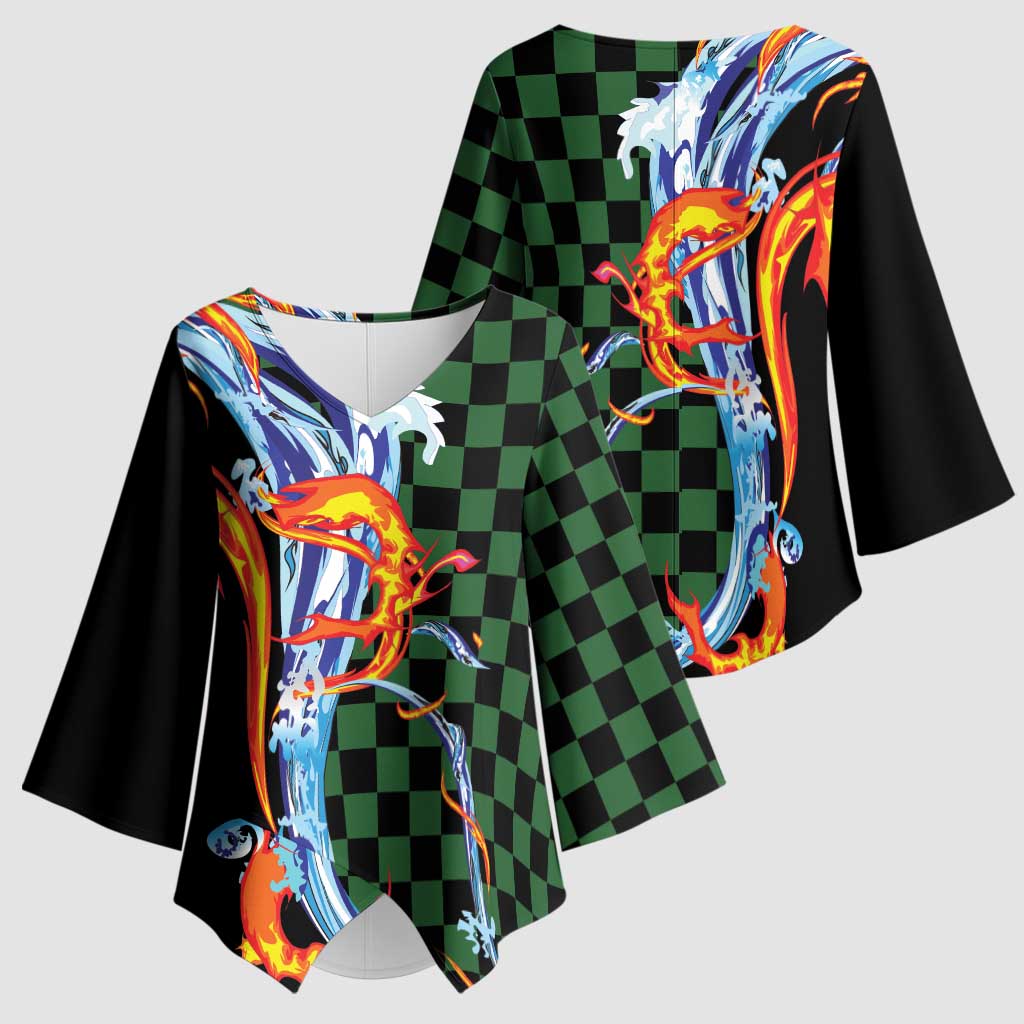 Japanese Asanoha Pattern Kimono Sleeve Blouse Sun Flame Slayer Dragon Hinokami Kagura Spirit - Polynesian Pride