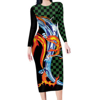 Japanese Asanoha Pattern Long Sleeve Bodycon Dress Sun Flame Slayer Dragon Hinokami Kagura Spirit - Polynesian Pride