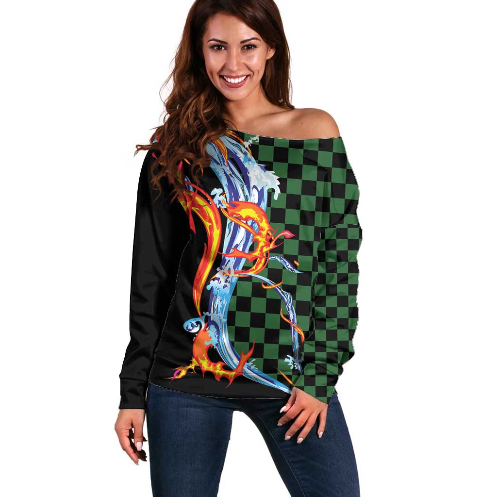Japanese Asanoha Pattern Off Shoulder Sweater Sun Flame Slayer Dragon Hinokami Kagura Spirit - Polynesian Pride