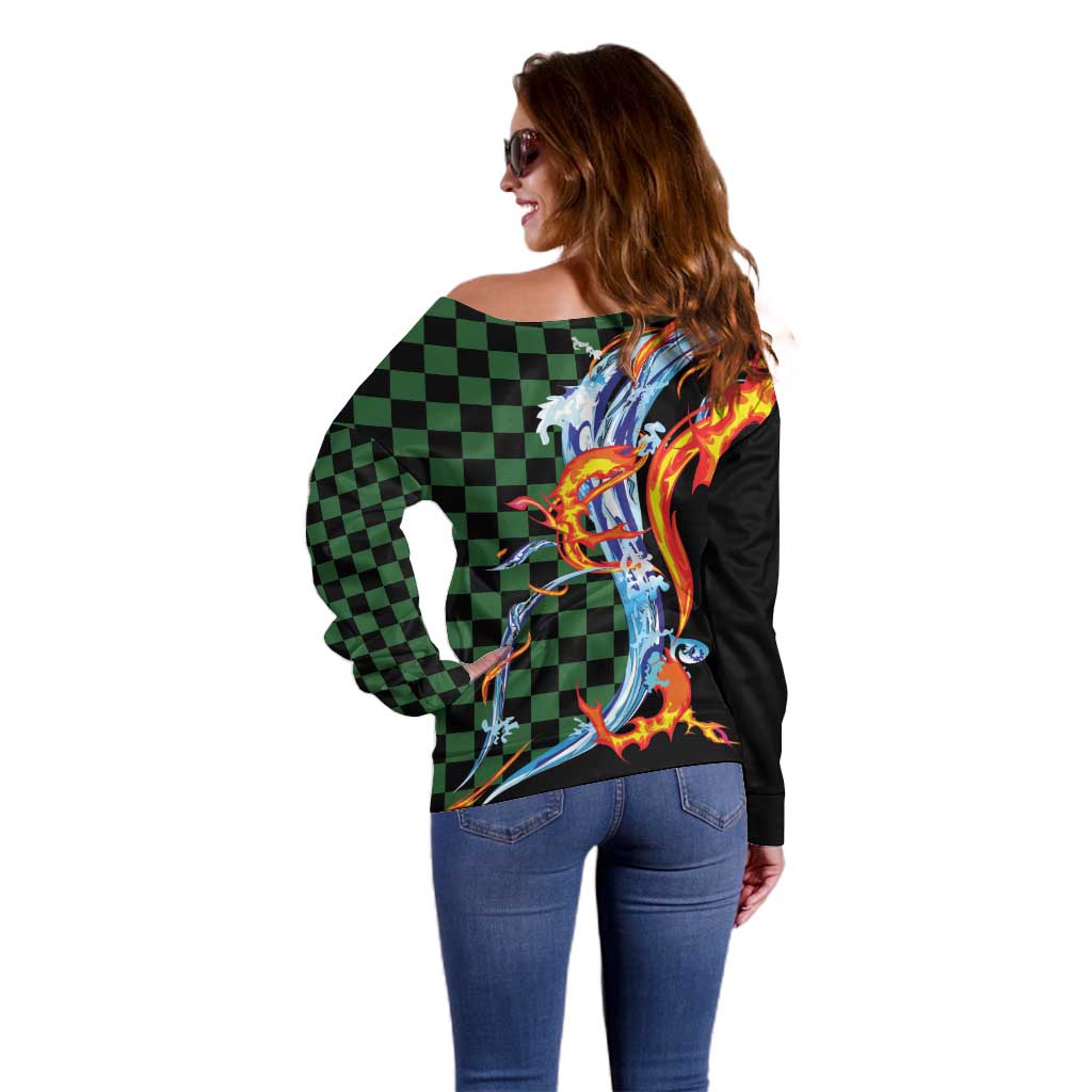 Japanese Asanoha Pattern Off Shoulder Sweater Sun Flame Slayer Dragon Hinokami Kagura Spirit - Polynesian Pride