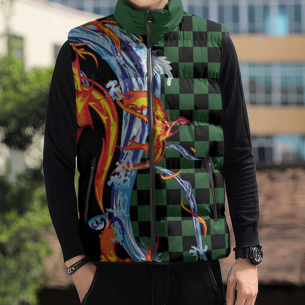 Japanese Asanoha Pattern Sleeveless Puffer Jacket Sun Flame Slayer Dragon Hinokami Kagura Spirit - Polynesian Pride
