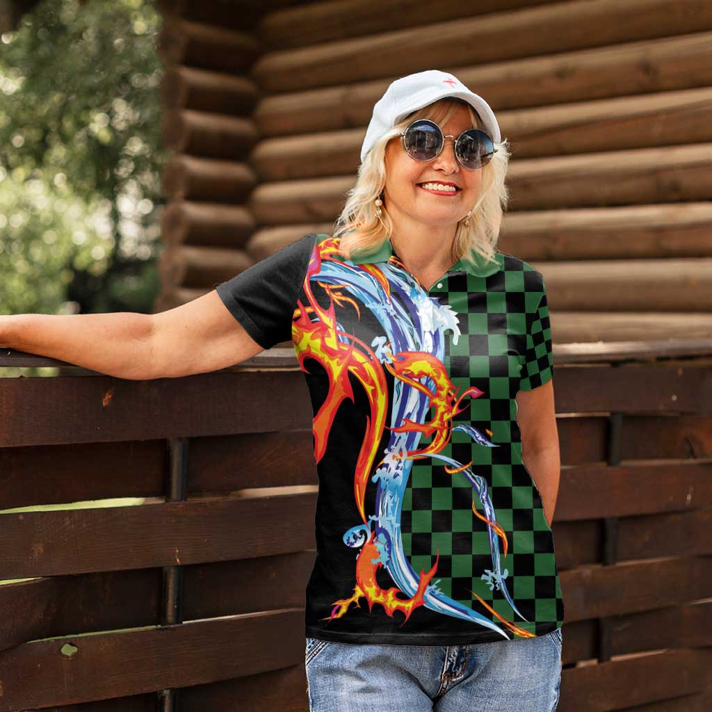 Japanese Asanoha Pattern Women Polo Shirt Sun Flame Slayer Dragon Hinokami Kagura Spirit LT9 - Polynesian Pride