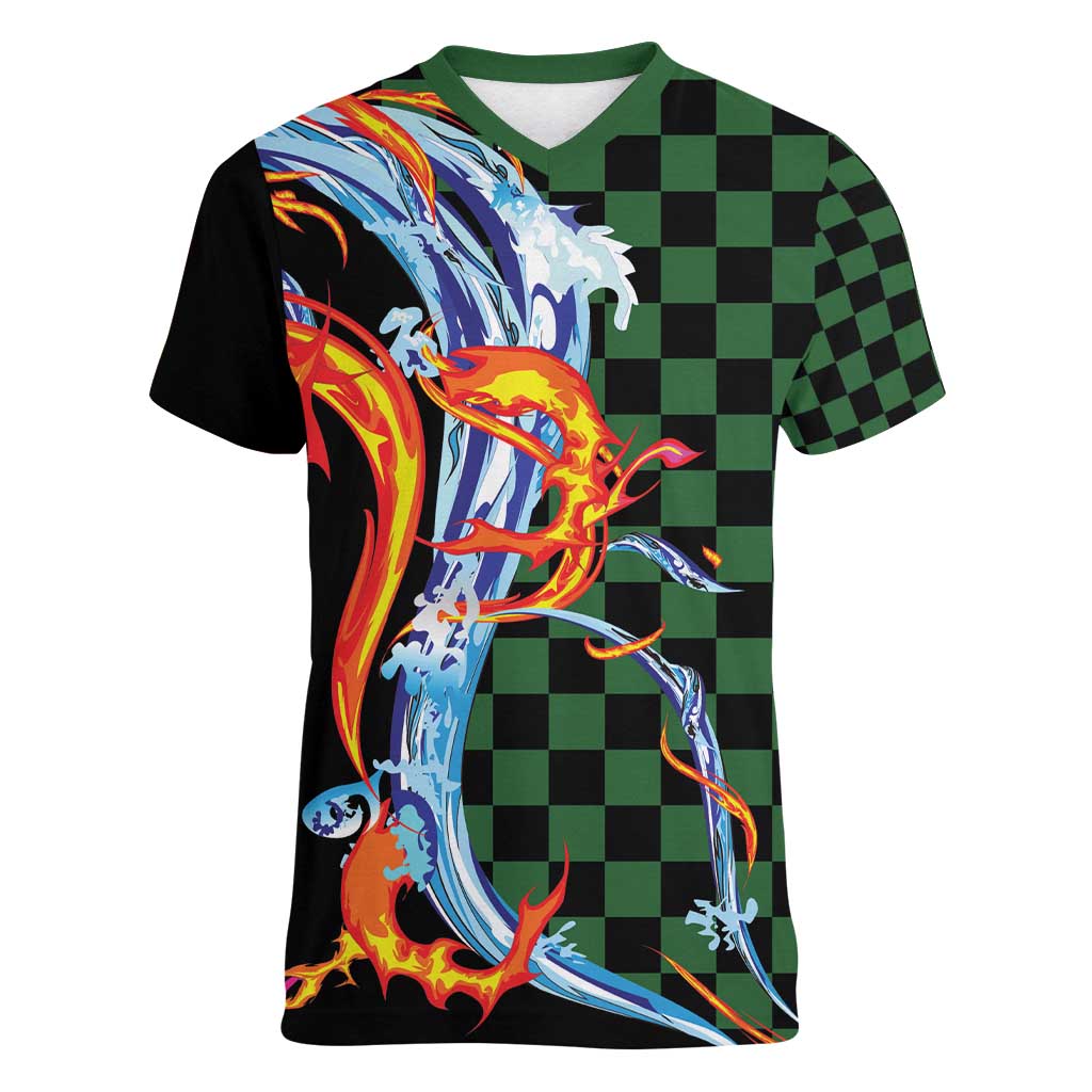 Japanese Asanoha Pattern Women V-Neck T-Shirt Sun Flame Slayer Dragon Hinokami Kagura Spirit LT9 Female Green - Polynesian Pride