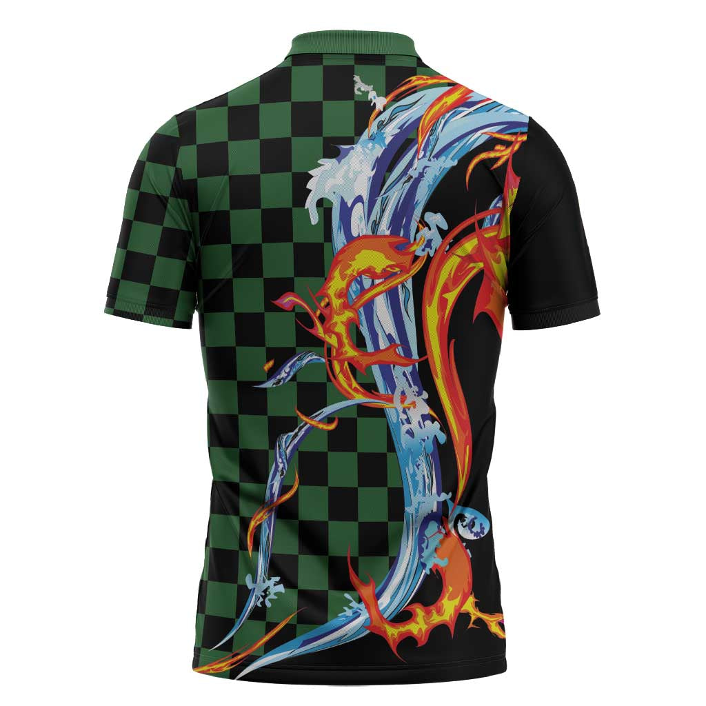 Japanese Asanoha Pattern Zipper Polo Shirt Sun Flame Slayer Dragon Hinokami Kagura Spirit - Polynesian Pride