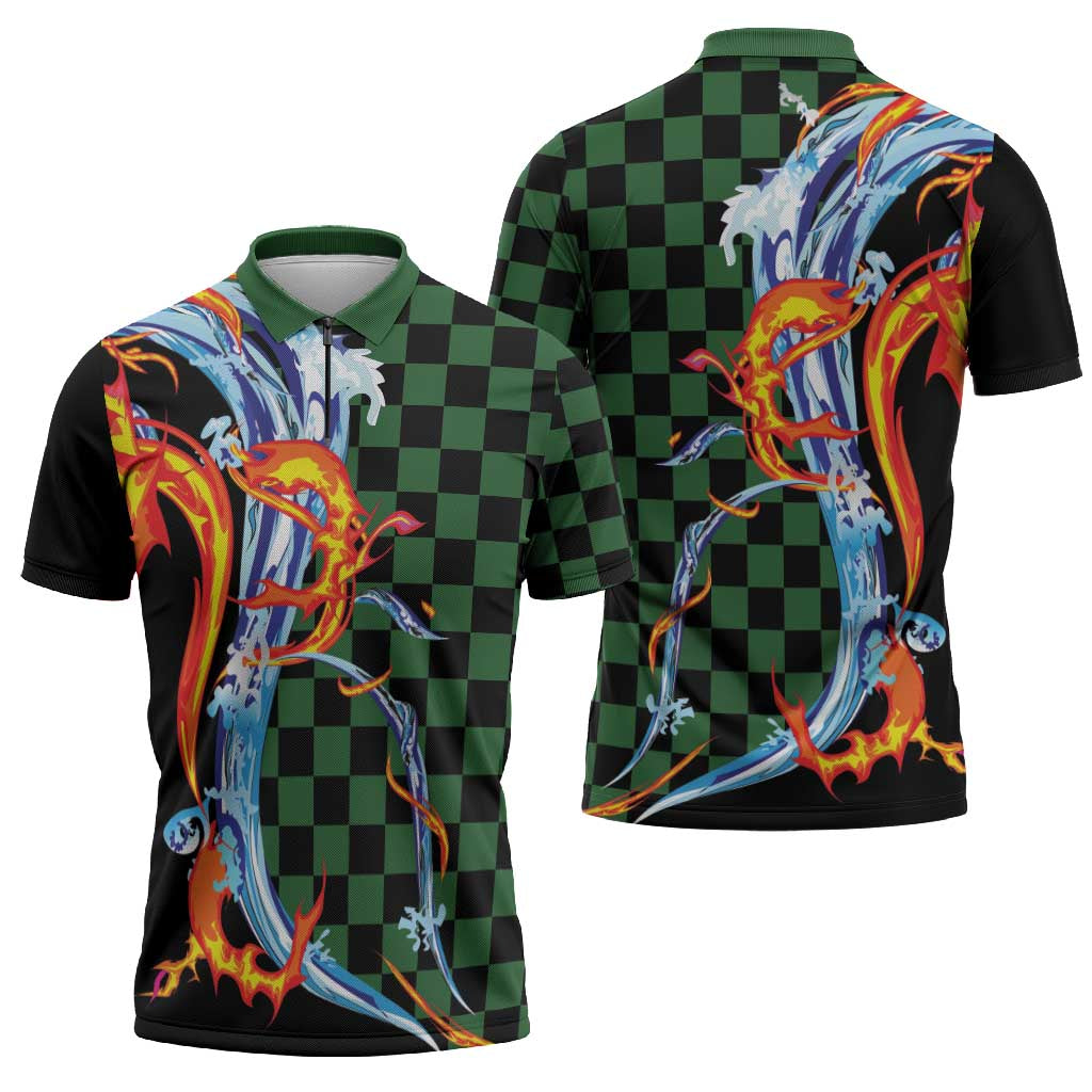 Japanese Asanoha Pattern Zipper Polo Shirt Sun Flame Slayer Dragon Hinokami Kagura Spirit - Polynesian Pride