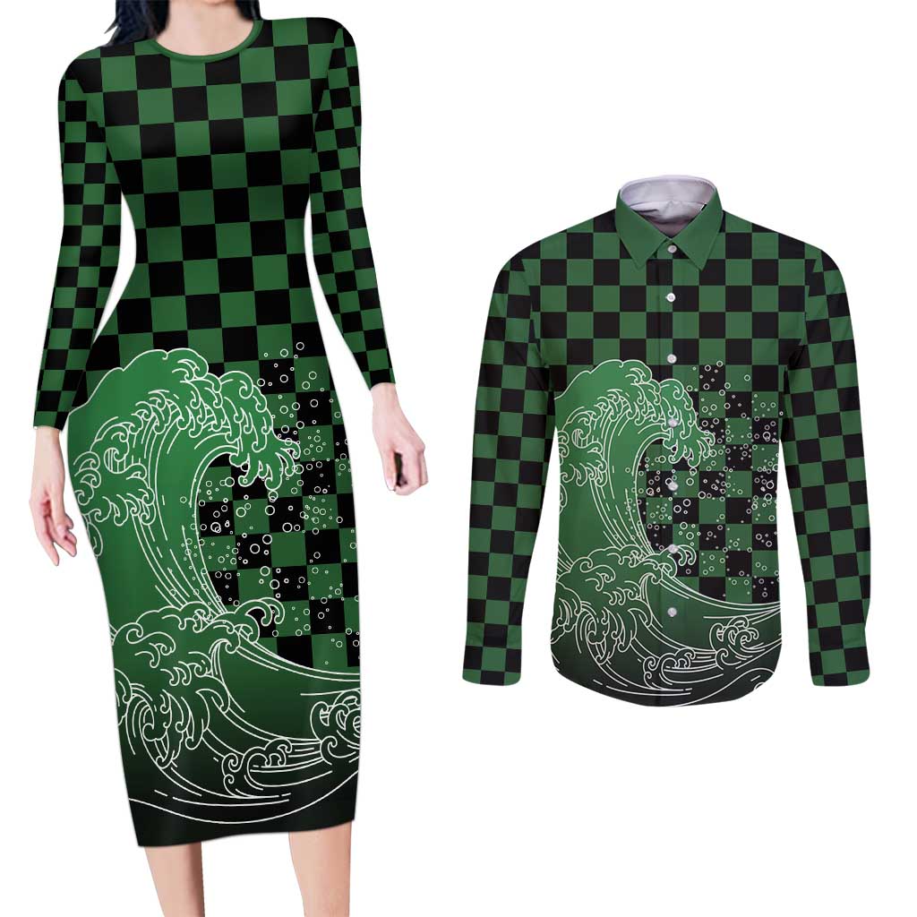 Japanese Asanoha Pattern Couples Matching Long Sleeve Bodycon Dress and Long Sleeve Button Shirt Water Breathing Slayer Dragon - Polynesian Pride