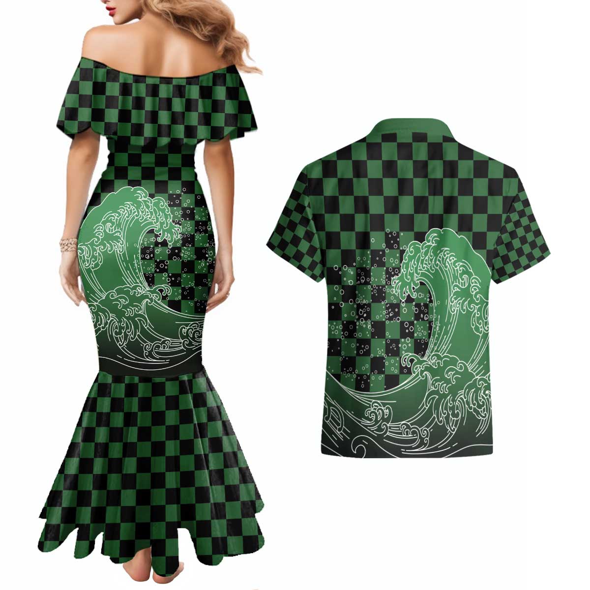 Japanese Asanoha Pattern Couples Matching Mermaid Dress and Hawaiian Shirt Water Breathing Slayer Dragon - Polynesian Pride