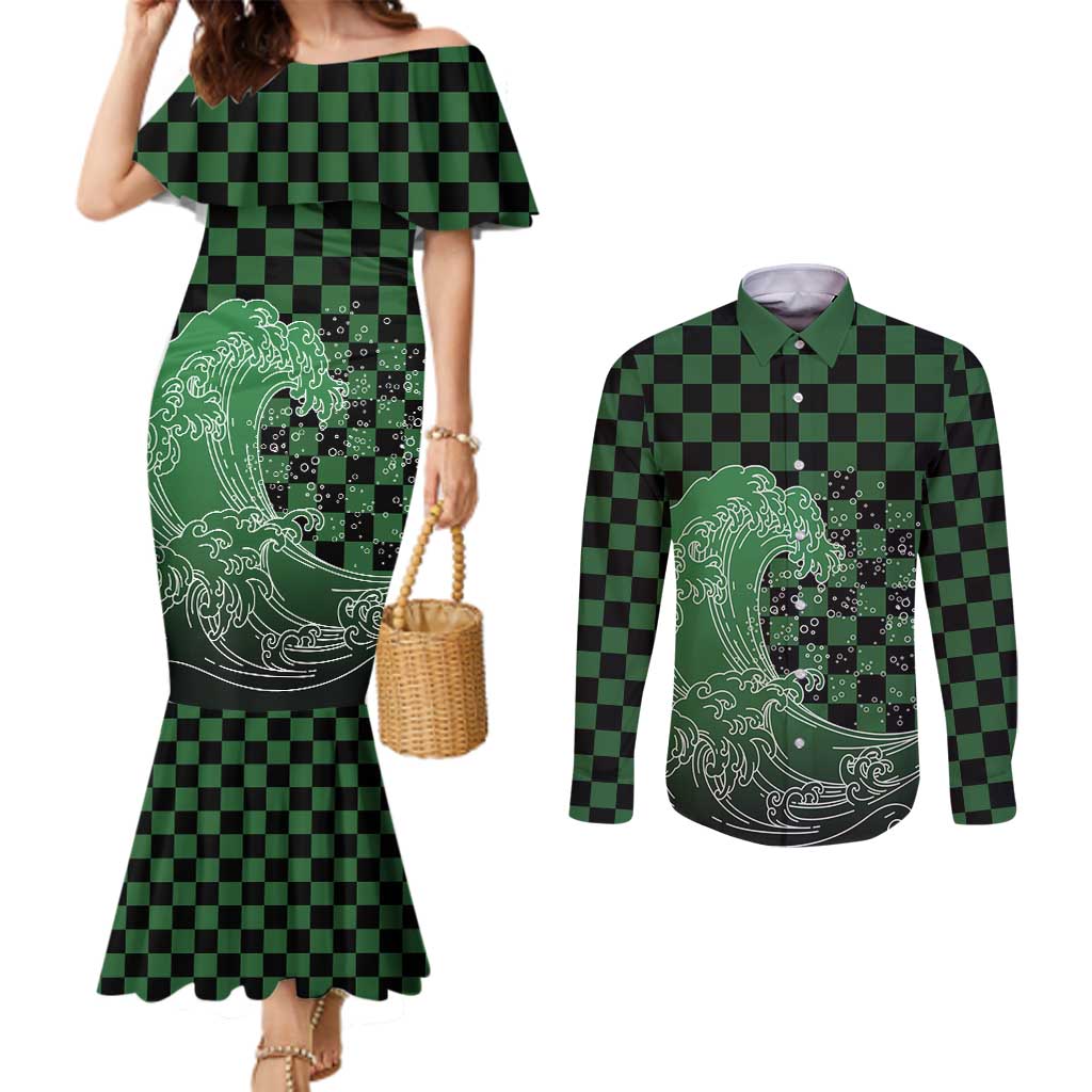 Japanese Asanoha Pattern Couples Matching Mermaid Dress and Long Sleeve Button Shirt Water Breathing Slayer Dragon - Polynesian Pride