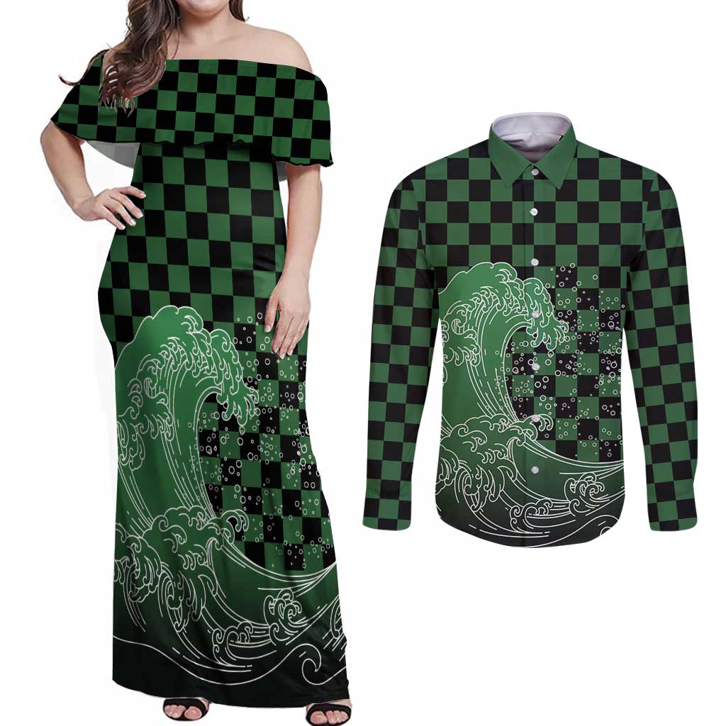 Japanese Asanoha Pattern Couples Matching Off Shoulder Maxi Dress and Long Sleeve Button Shirt Water Breathing Slayer Dragon - Polynesian Pride