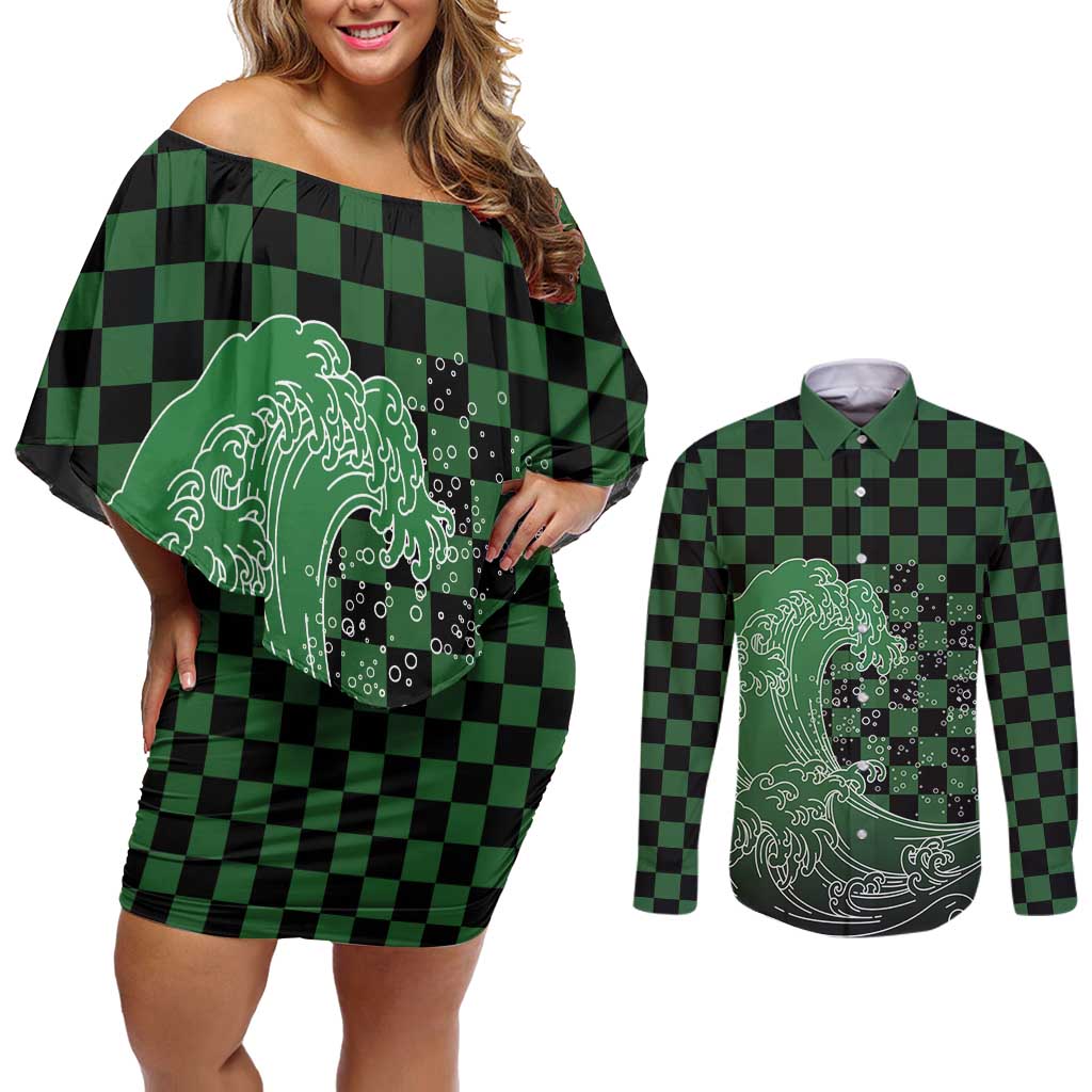 Japanese Asanoha Pattern Couples Matching Off Shoulder Short Dress and Long Sleeve Button Shirt Water Breathing Slayer Dragon - Polynesian Pride