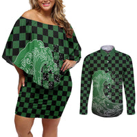 Japanese Asanoha Pattern Couples Matching Off Shoulder Short Dress and Long Sleeve Button Shirt Water Breathing Slayer Dragon - Polynesian Pride
