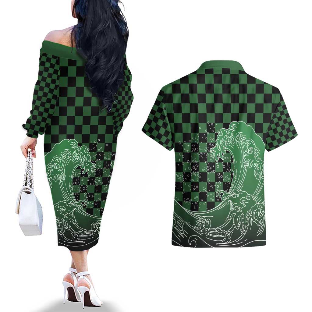 Japanese Asanoha Pattern Couples Matching Off The Shoulder Long Sleeve Dress and Hawaiian Shirt Water Breathing Slayer Dragon - Polynesian Pride