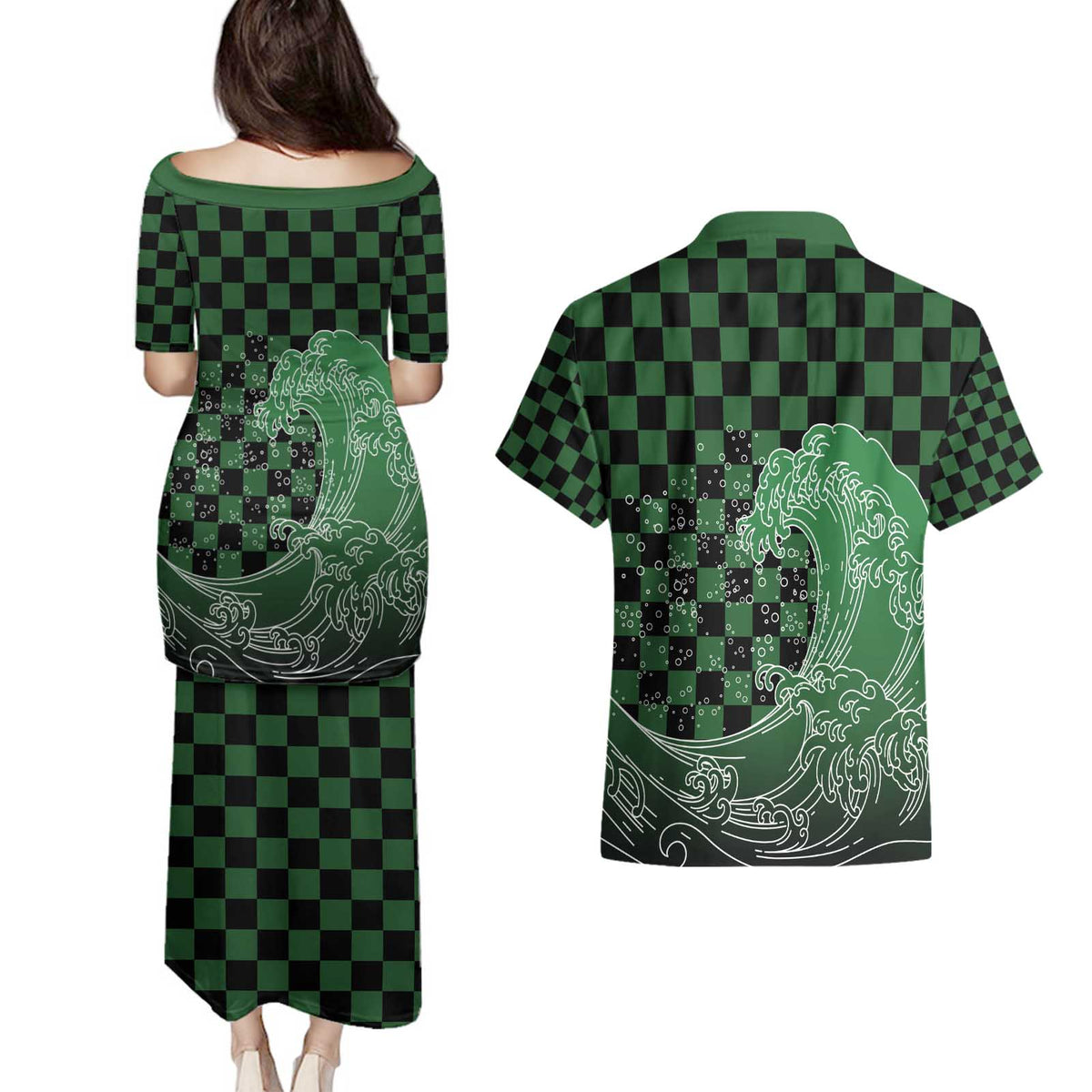 Japanese Asanoha Pattern Couples Matching Puletasi and Hawaiian Shirt Water Breathing Slayer Dragon - Polynesian Pride