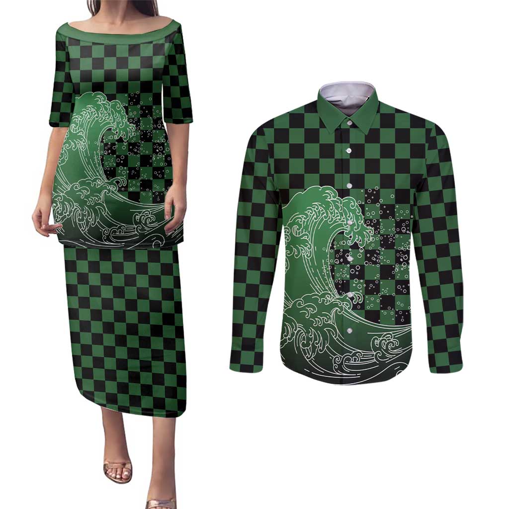 Japanese Asanoha Pattern Couples Matching Puletasi and Long Sleeve Button Shirt Water Breathing Slayer Dragon - Polynesian Pride