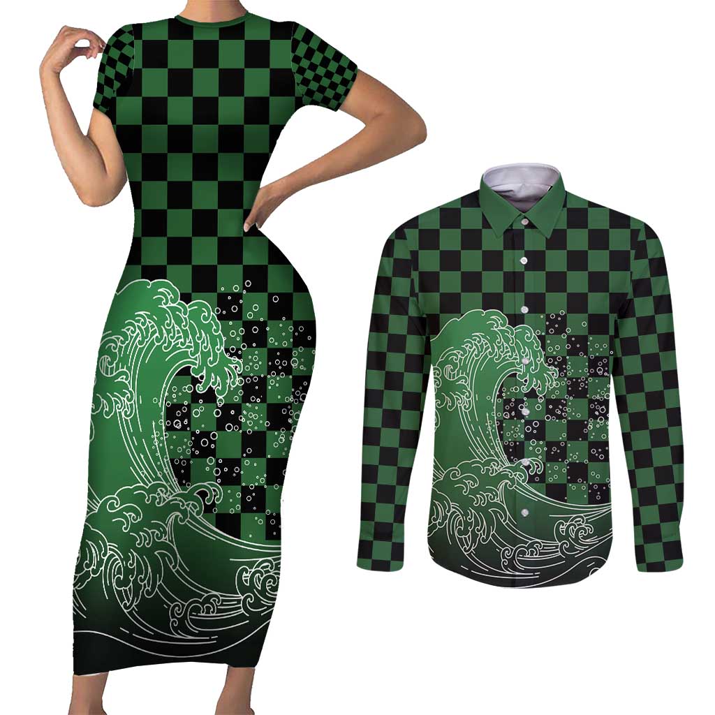Japanese Asanoha Pattern Couples Matching Short Sleeve Bodycon Dress and Long Sleeve Button Shirt Water Breathing Slayer Dragon - Polynesian Pride