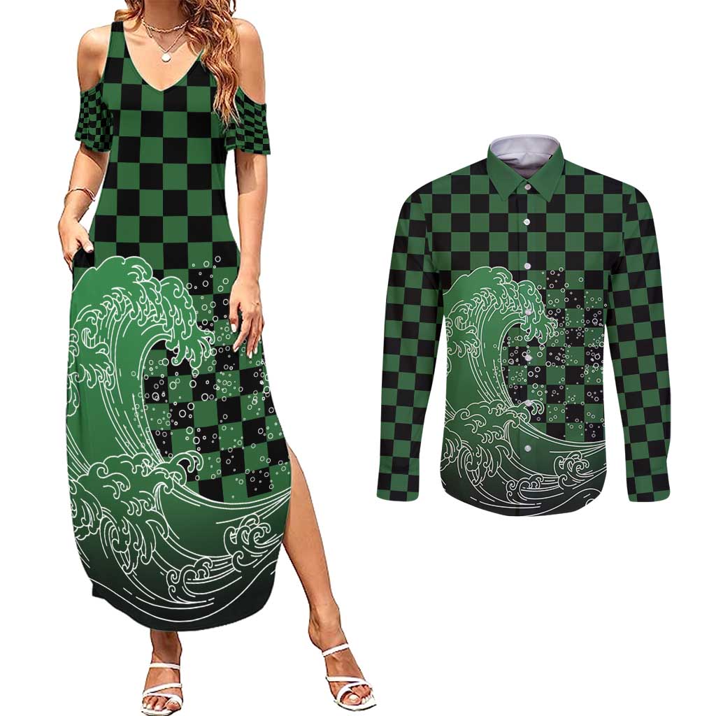 Japanese Asanoha Pattern Couples Matching Summer Maxi Dress and Long Sleeve Button Shirt Water Breathing Slayer Dragon - Polynesian Pride