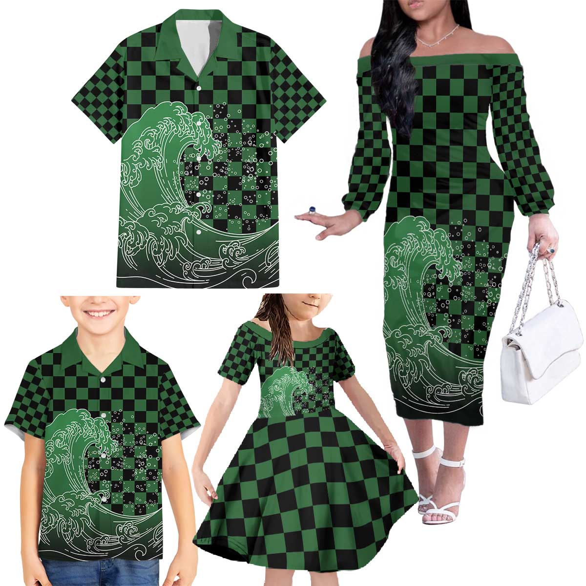 Japanese Asanoha Pattern Family Matching Off The Shoulder Long Sleeve Dress and Hawaiian Shirt Water Breathing Slayer Dragon LT9 - Polynesian Pride