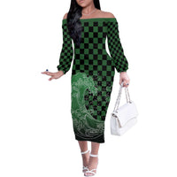 Japanese Asanoha Pattern Family Matching Off The Shoulder Long Sleeve Dress and Hawaiian Shirt Water Breathing Slayer Dragon LT9 Mom's Dress Green - Polynesian Pride