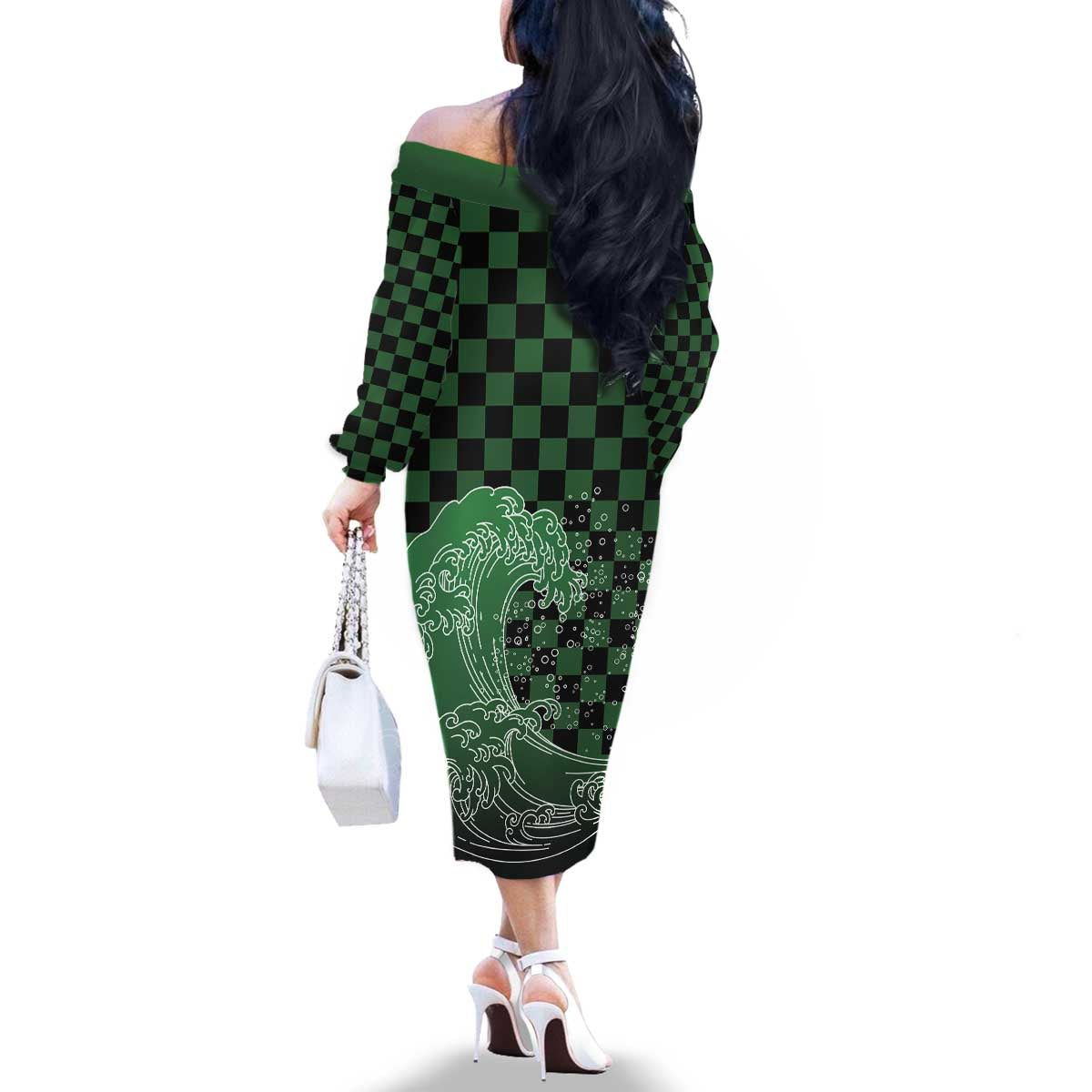 Japanese Asanoha Pattern Family Matching Off The Shoulder Long Sleeve Dress and Hawaiian Shirt Water Breathing Slayer Dragon LT9 - Polynesian Pride