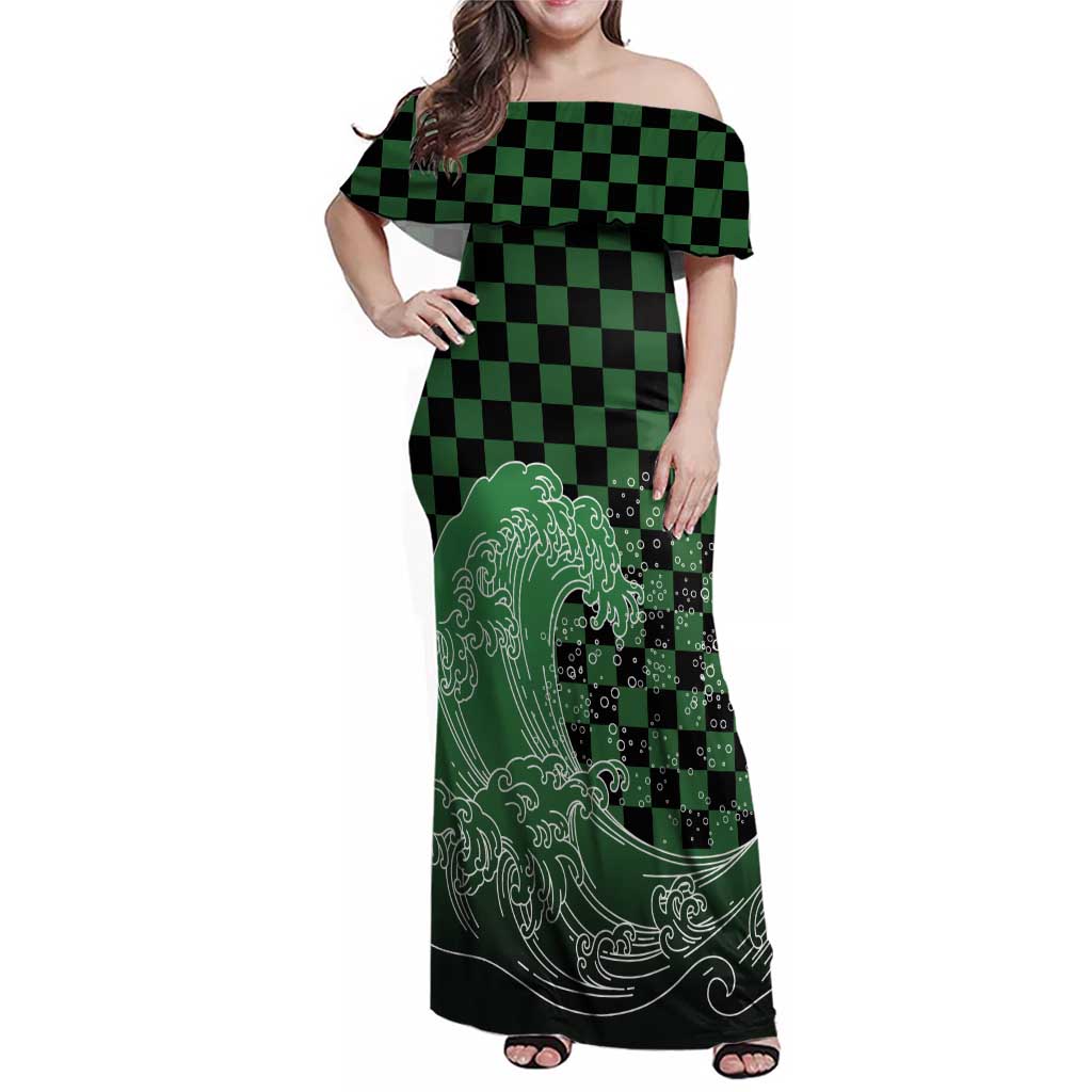 Japanese Asanoha Pattern Family Matching Off Shoulder Maxi Dress and Hawaiian Shirt Water Breathing Slayer Dragon LT9 Mom's Dress Green - Polynesian Pride