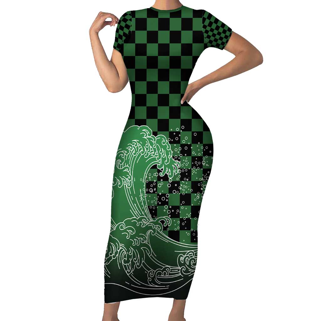 Japanese Asanoha Pattern Family Matching Short Sleeve Bodycon Dress and Hawaiian Shirt Water Breathing Slayer Dragon LT9 Mom's Dress Green - Polynesian Pride