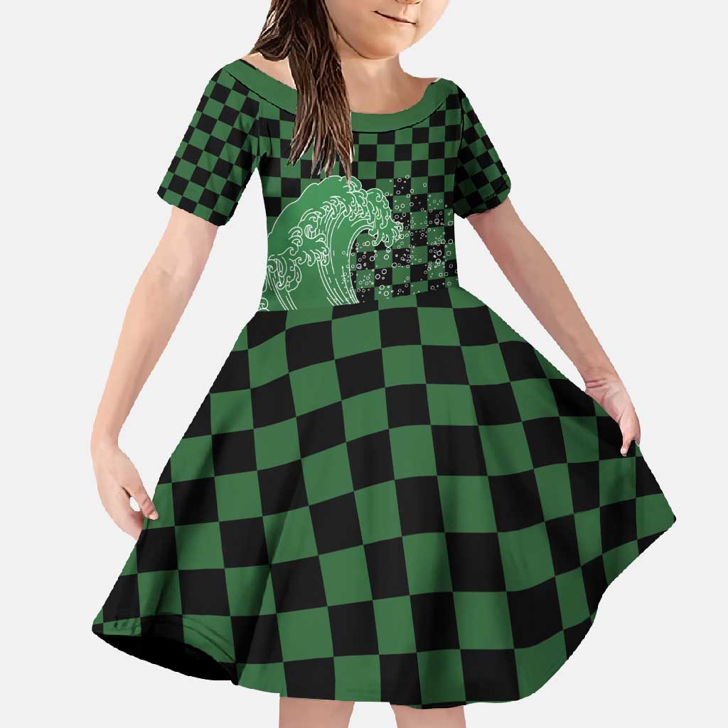 Japanese Asanoha Pattern Family Matching Tank Maxi Dress and Hawaiian Shirt Water Breathing Slayer Dragon LT9 Daughter's Dress Green - Polynesian Pride