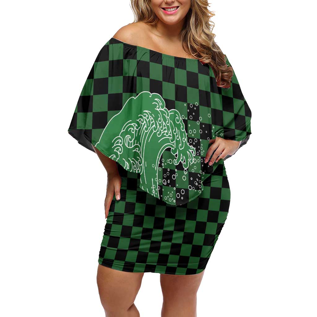 Japanese Asanoha Pattern Off Shoulder Short Dress Water Breathing Slayer Dragon LT9 Women Green - Polynesian Pride