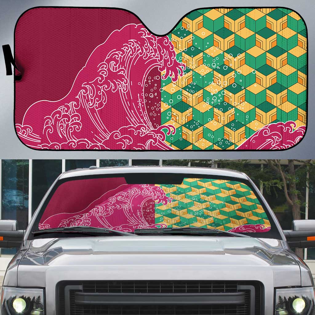 Japanese Bishamon-Kikkou Pattern Auto Sun Shade Water Pillar Silent River Flow LT9 Burgundy - Polynesian Pride