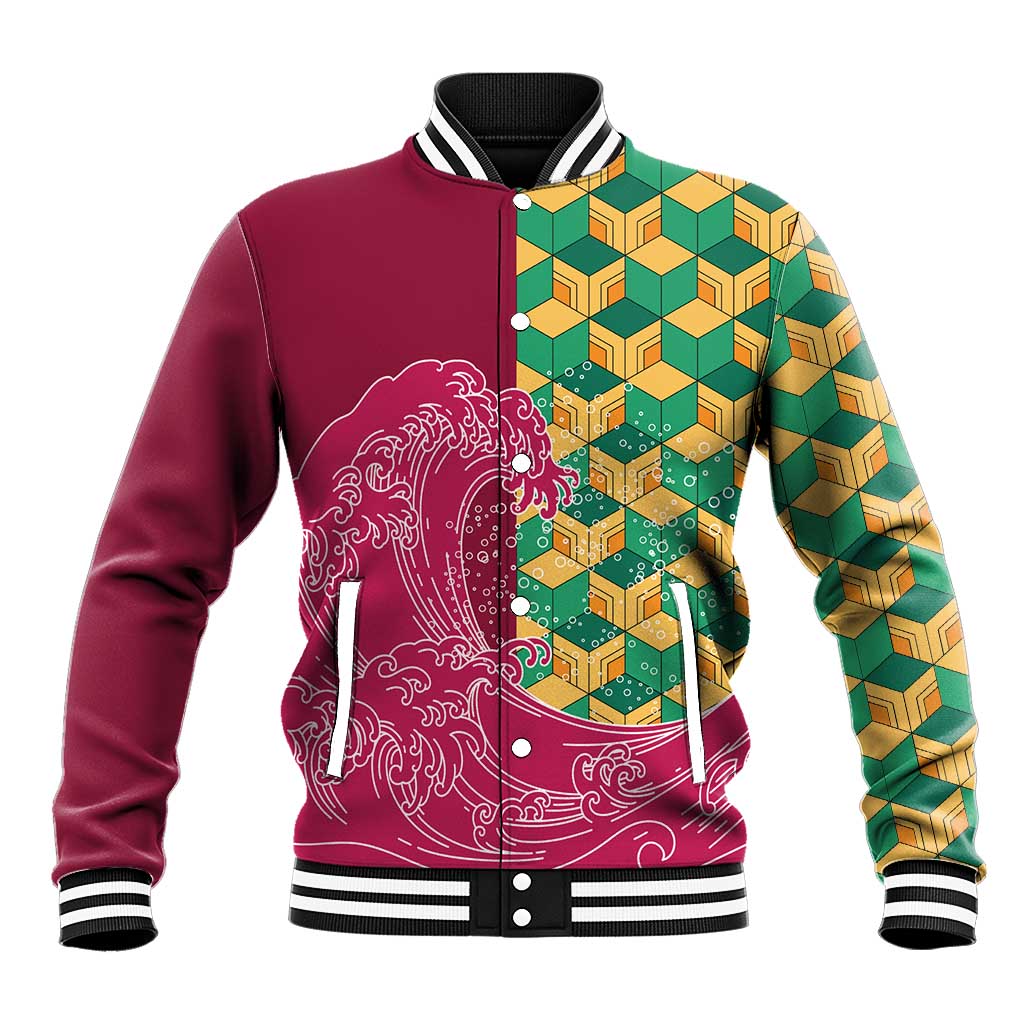 Japanese Bishamon-Kikkou Pattern Baseball Jacket Water Pillar Silent River Flow - Polynesian Pride