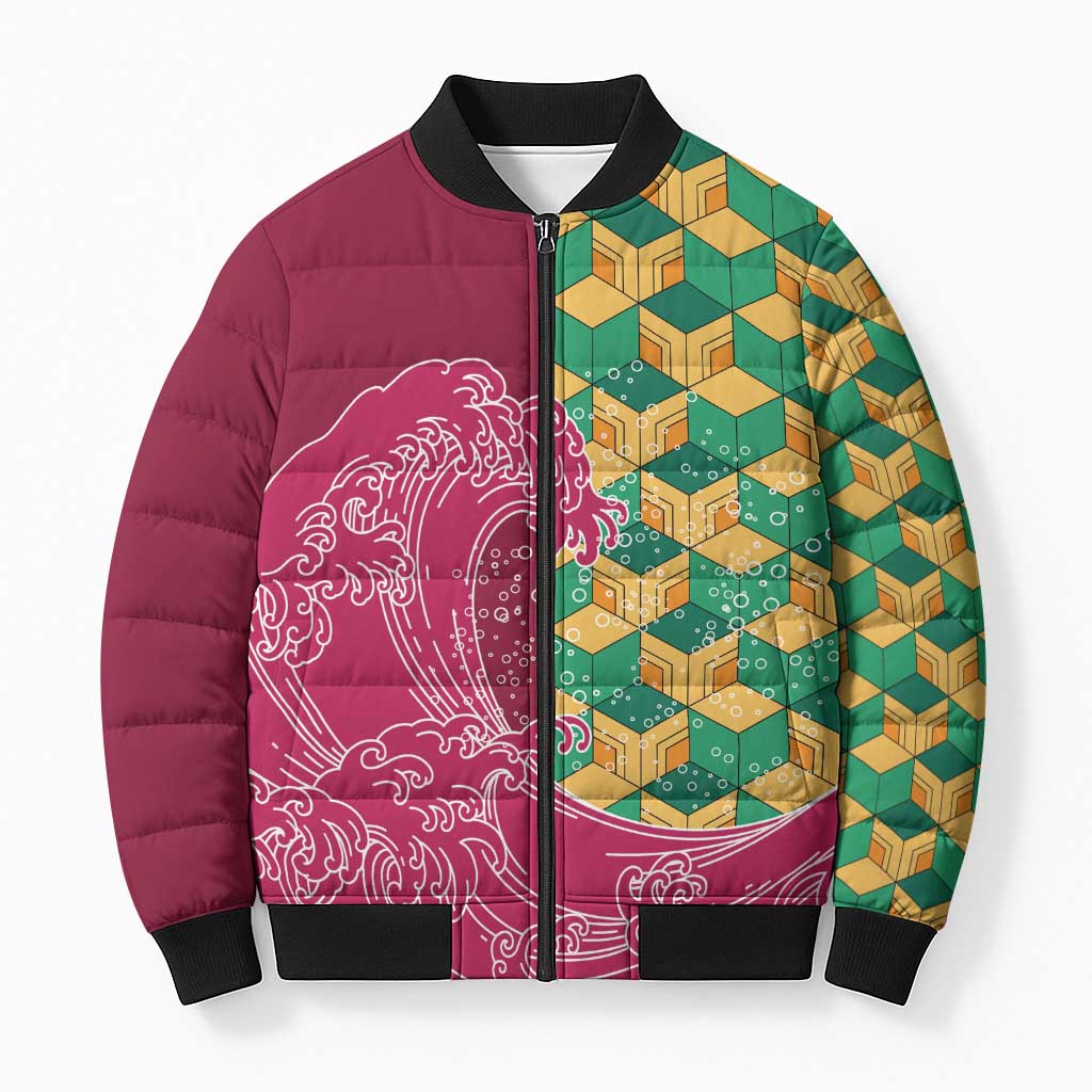 Japanese Bishamon-Kikkou Pattern Bomber Puffer Jacket Water Pillar Silent River Flow - Polynesian Pride