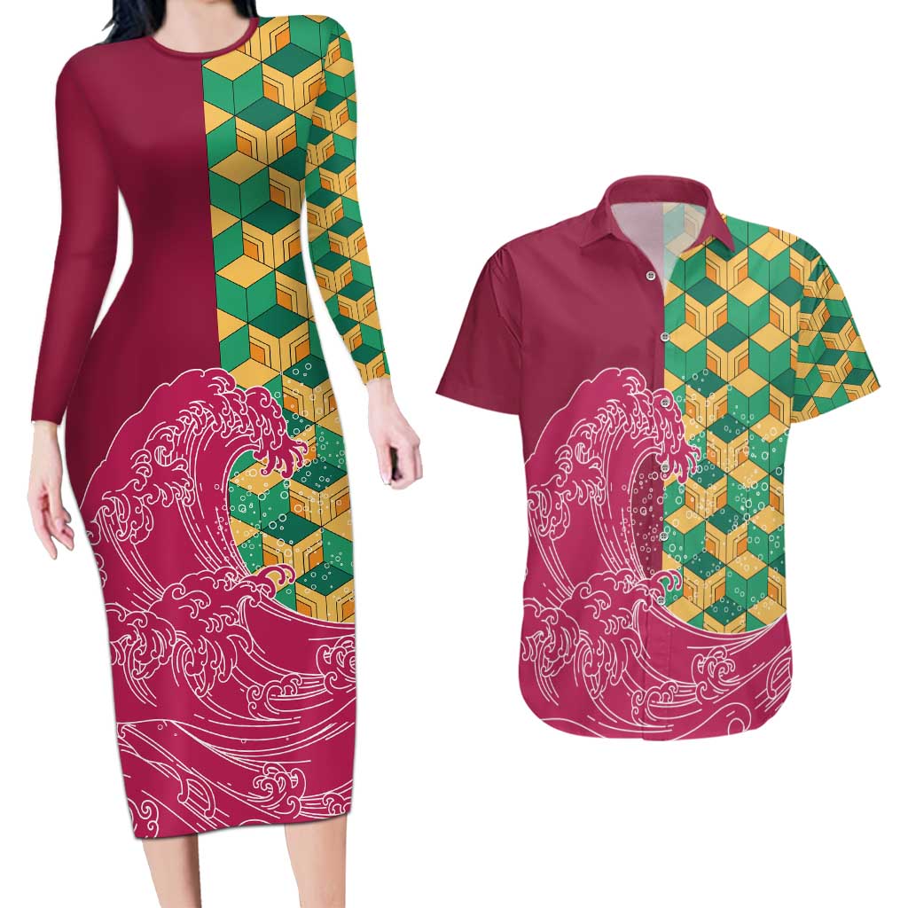 Japanese Bishamon-Kikkou Pattern Couples Matching Long Sleeve Bodycon Dress and Hawaiian Shirt Water Pillar Silent River Flow LT9 Burgundy - Polynesian Pride