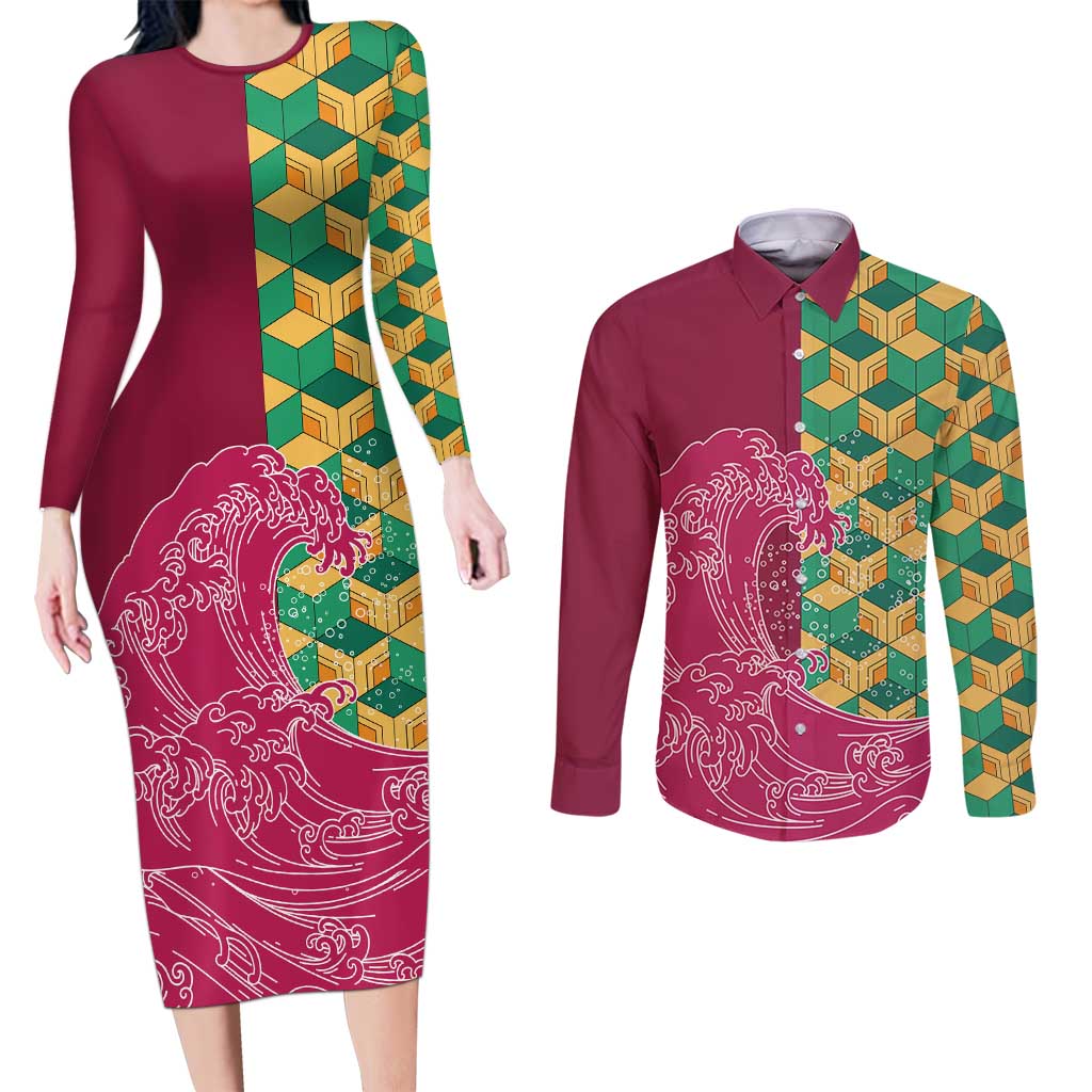 Japanese Bishamon-Kikkou Pattern Couples Matching Long Sleeve Bodycon Dress and Long Sleeve Button Shirt Water Pillar Silent River Flow - Polynesian Pride